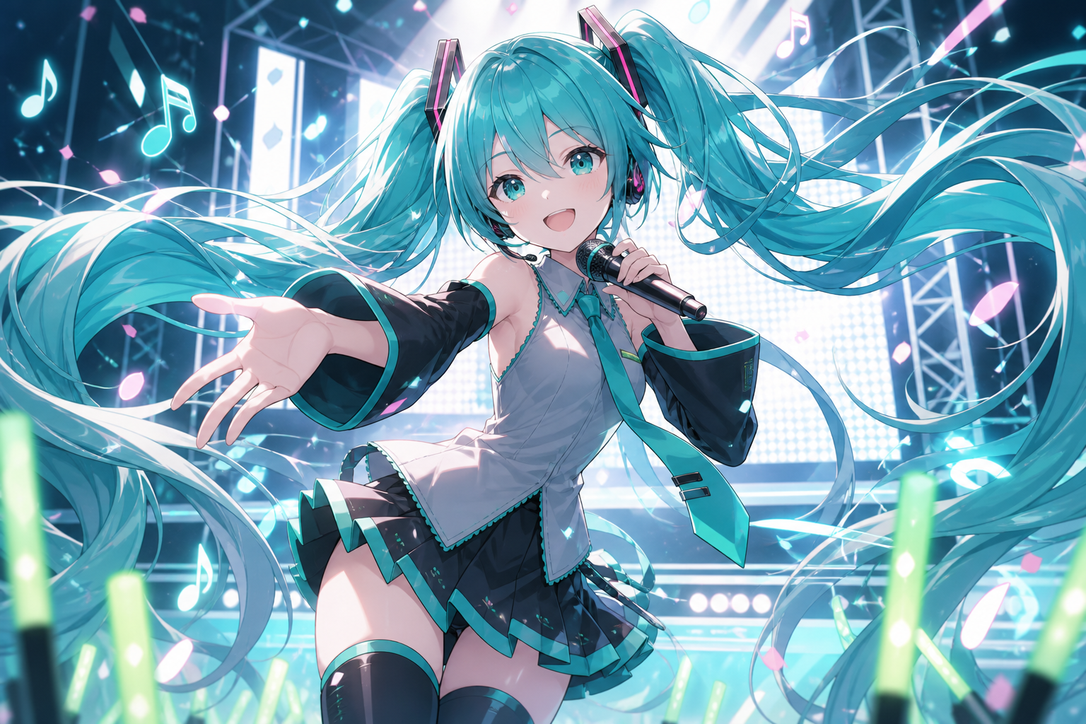 初音未来风格的电子歌姬站在舞台灯光中演唱